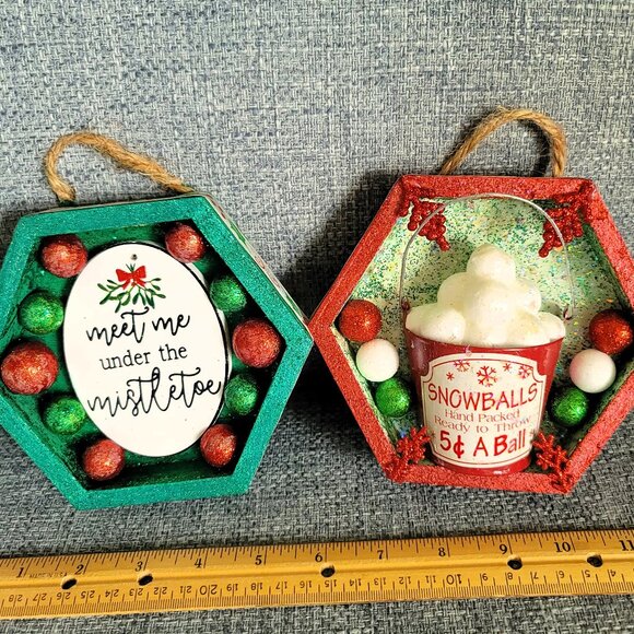 Other - Christmas Holiday Snowballs and Mistletoe Decorated Wood Decor Frames. Set of 2.